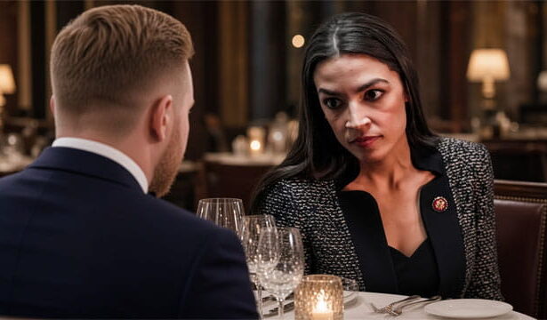 AOC and her fiancé in a restaurant seated at a table.