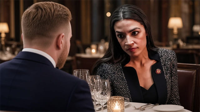 AOC and her fiancé in a restaurant seated at a table.