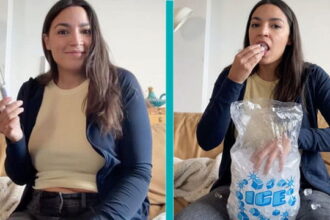 AOC on Livestream freezing her eggs by eating a bag of ice cubes.