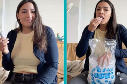 AOC on Livestream freezing her eggs by eating a bag of ice cubes.