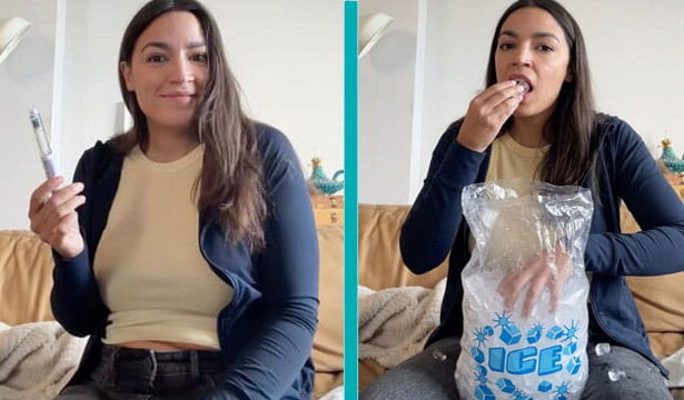 AOC on Livestream freezing her eggs by eating a bag of ice cubes.