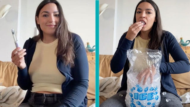 AOC on Livestream freezing her eggs by eating a bag of ice cubes.
