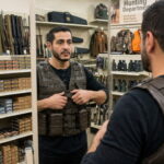 Michigan Senate candidate Abdul El-Sayed trying on a tactical vest inside of a sporting goods store.