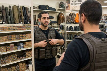 Michigan Senate candidate Abdul El-Sayed trying on a tactical vest inside of a sporting goods store.