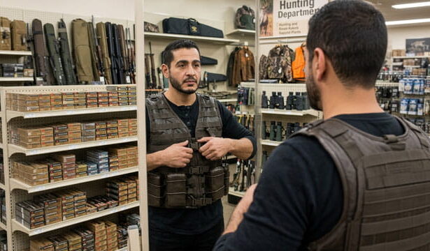Michigan Senate candidate Abdul El-Sayed trying on a tactical vest inside of a sporting goods store.