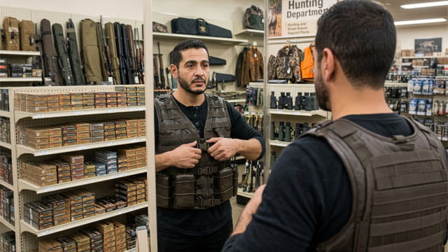Michigan Senate candidate Abdul El-Sayed trying on a tactical vest inside of a sporting goods store.