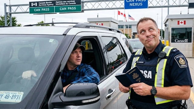 Male Canada border agent checking the passport of an American man in his car at the Canada border.