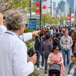 Scientists in white lab coats staring at a white Canadian man walking among a crowd of Indian immigrants.