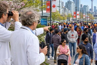 Scientists in white lab coats staring at a white Canadian man walking among a crowd of Indian immigrants.