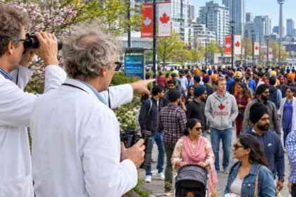 Scientists in white lab coats staring at a white Canadian man walking among a crowd of Indian immigrants.