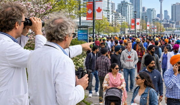 Scientists in white lab coats staring at a white Canadian man walking among a crowd of Indian immigrants.