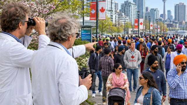 Scientists in white lab coats staring at a white Canadian man walking among a crowd of Indian immigrants.