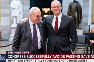 Congress members John Thune and Chuck Schumer hugging one another in Capitol Hill.