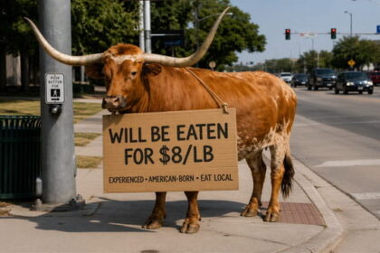 Texas longhorn cow cattle with a sign around its neck standing on a street corner.
