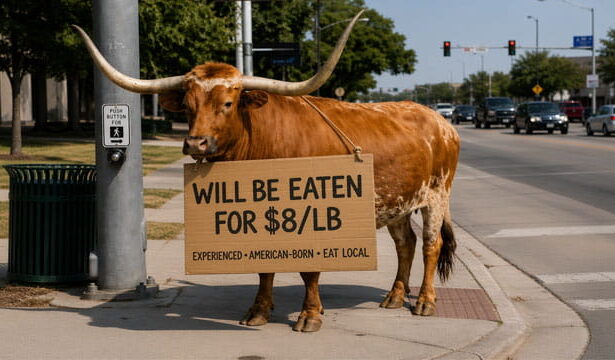 Texas longhorn cow cattle with a sign around its neck standing on a street corner.