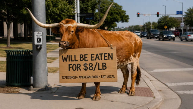Texas longhorn cow cattle with a sign around its neck standing on a street corner.