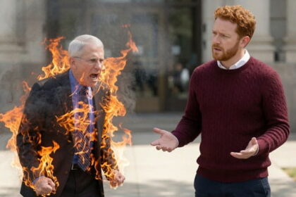 Dr. Fauci bursts into flames near white man outside Congressional hearing building.