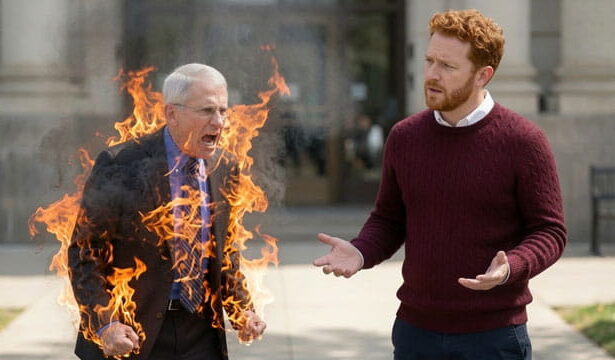Dr. Fauci bursts into flames near white man outside Congressional hearing building.
