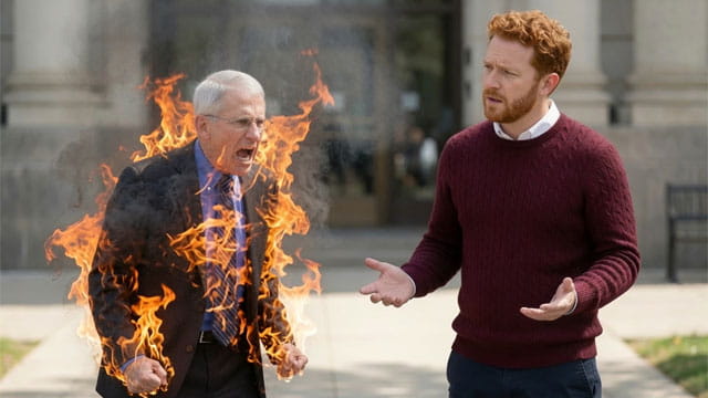 Dr. Fauci bursts into flames near white man outside Congressional hearing building.
