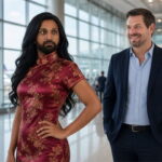 FBI Director Kash Patel wearing a long black wig and Chinese clothing as Eric Swalwell looks on inside an airport.