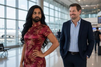 FBI Director Kash Patel wearing a long black wig and Chinese clothing as Eric Swalwell looks on inside an airport.