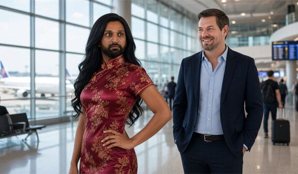 FBI Director Kash Patel wearing a long black wig and Chinese clothing as Eric Swalwell looks on inside an airport.