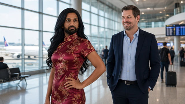 FBI Director Kash Patel wearing a long black wig and Chinese clothing as Eric Swalwell looks on inside an airport.