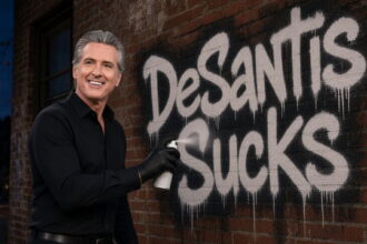 Gavin Newsom wearing all black clothes spray painting a building in Florida.