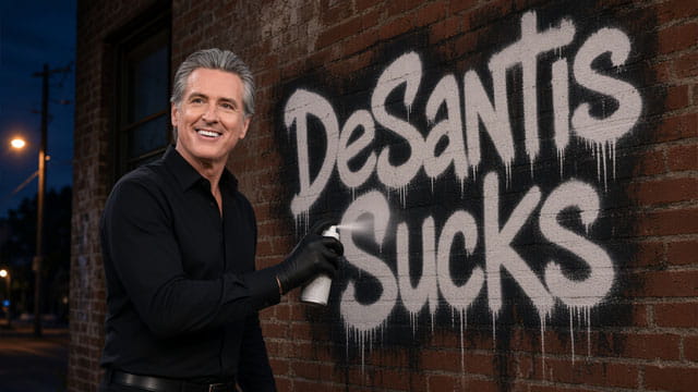 Gavin Newsom wearing all black clothes spray painting a building in Florida.