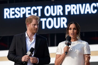 Prince Harry and Meghan Markle Giving a speech on stage.