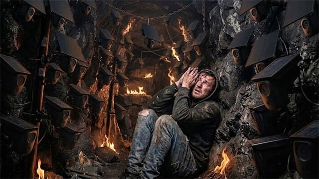 Man being tortured in fiery Hell surrounded by Flock cameras.