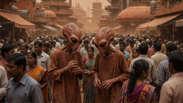 Martians on Mars surrounded by hundreds of Indian immigrants.