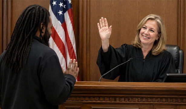 White female judge wearing black robe in front of a black man inside of a courtroom.
