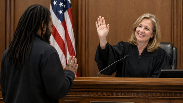 White female judge wearing black robe in front of a black man inside of a courtroom.