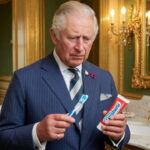 Uk King Charles holding a toothbrush and toothpaste.