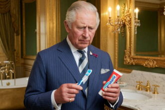 Uk King Charles holding a toothbrush and toothpaste.