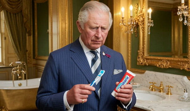 Uk King Charles holding a toothbrush and toothpaste.