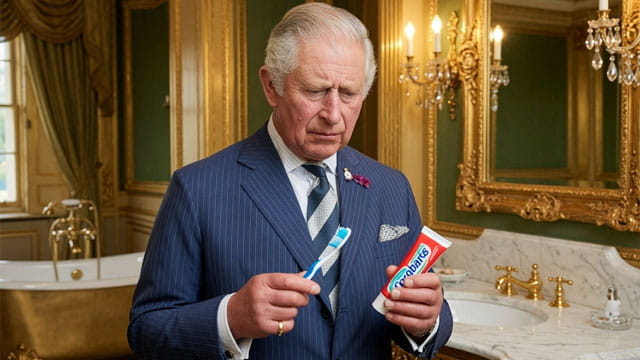 Uk King Charles holding a toothbrush and toothpaste.