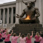 Female Lindsay Clancy supporters wearing pink shirts worshipping Moloch outside s courthouse.