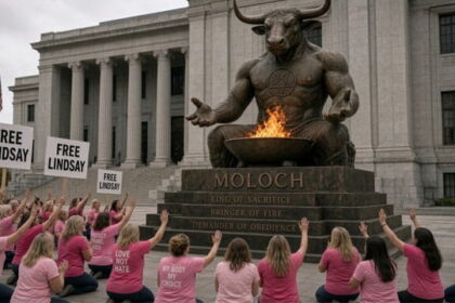 Female Lindsay Clancy supporters wearing pink shirts worshipping Moloch outside s courthouse.