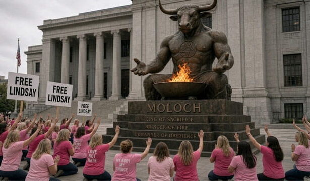 Female Lindsay Clancy supporters wearing pink shirts worshipping Moloch outside s courthouse.