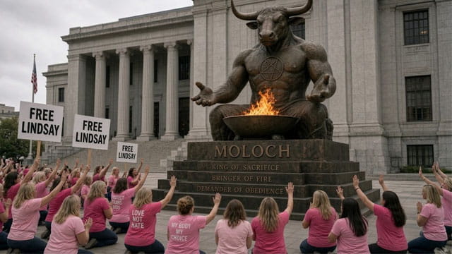 Female Lindsay Clancy supporters wearing pink shirts worshipping Moloch outside s courthouse.