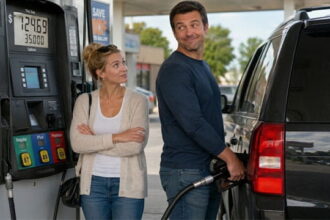 A woman watching a man fill gas in a black SUV.