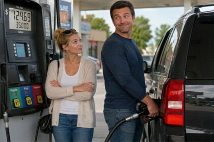 A woman watching a man fill gas in a black SUV.