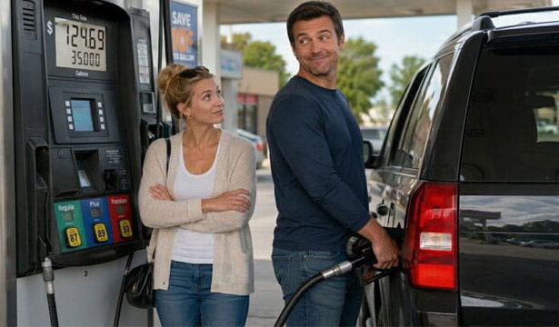 A woman watching a man fill gas in a black SUV.