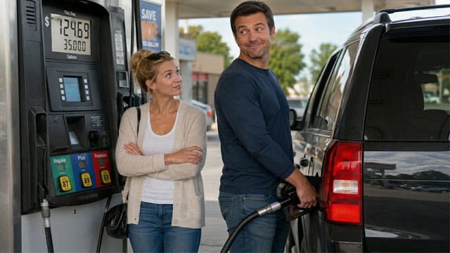 A woman watching a man fill gas in a black SUV.