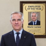 Canada Prime Minister Mark Carney standing in front of a placard of himself.
