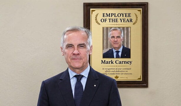 Canada Prime Minister Mark Carney standing in front of a placard of himself.