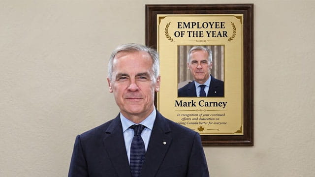 Canada Prime Minister Mark Carney standing in front of a placard of himself.