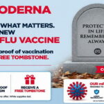Promo poster for Moderna's new flu vaccine next to a tombstone.